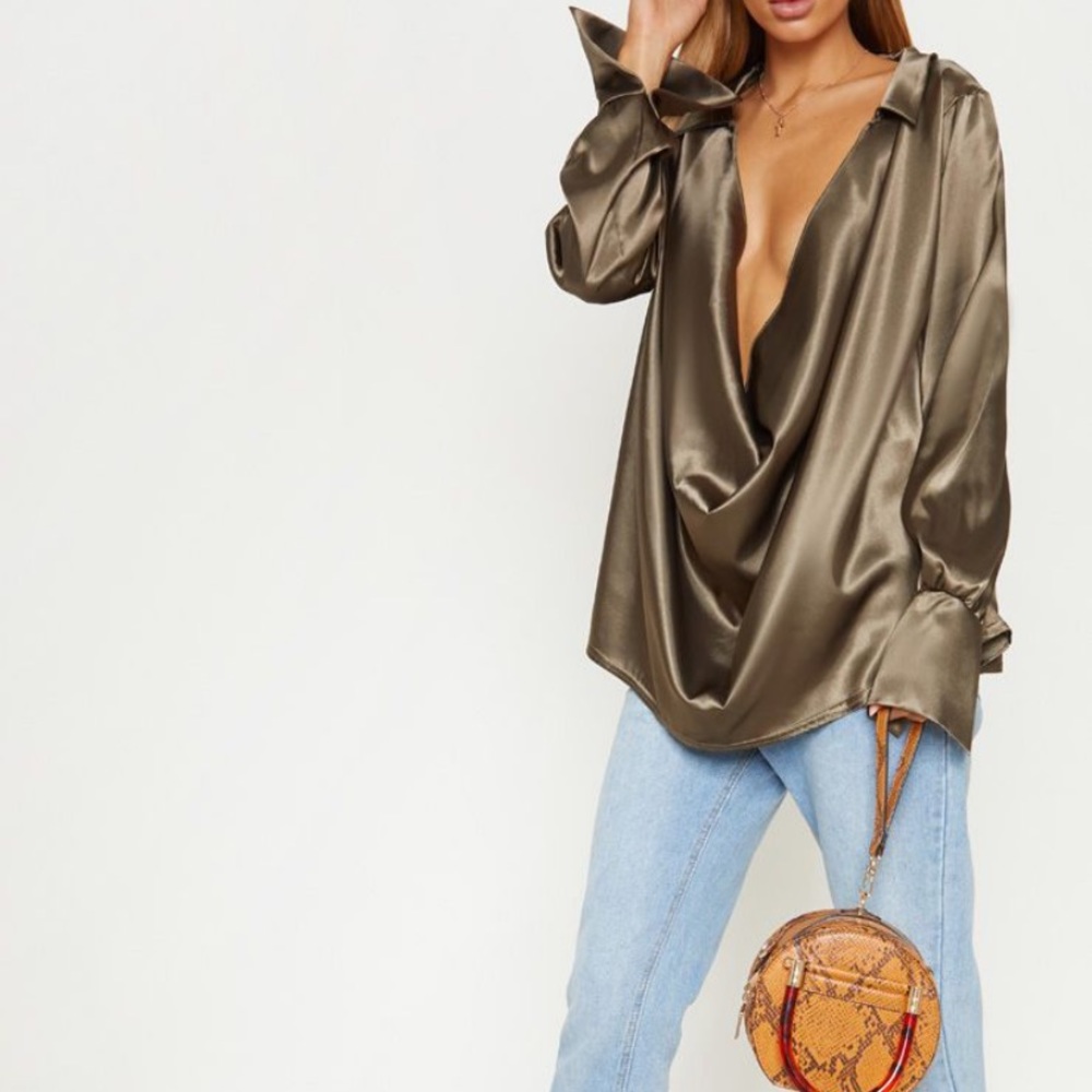 Cowl satin olive shirt